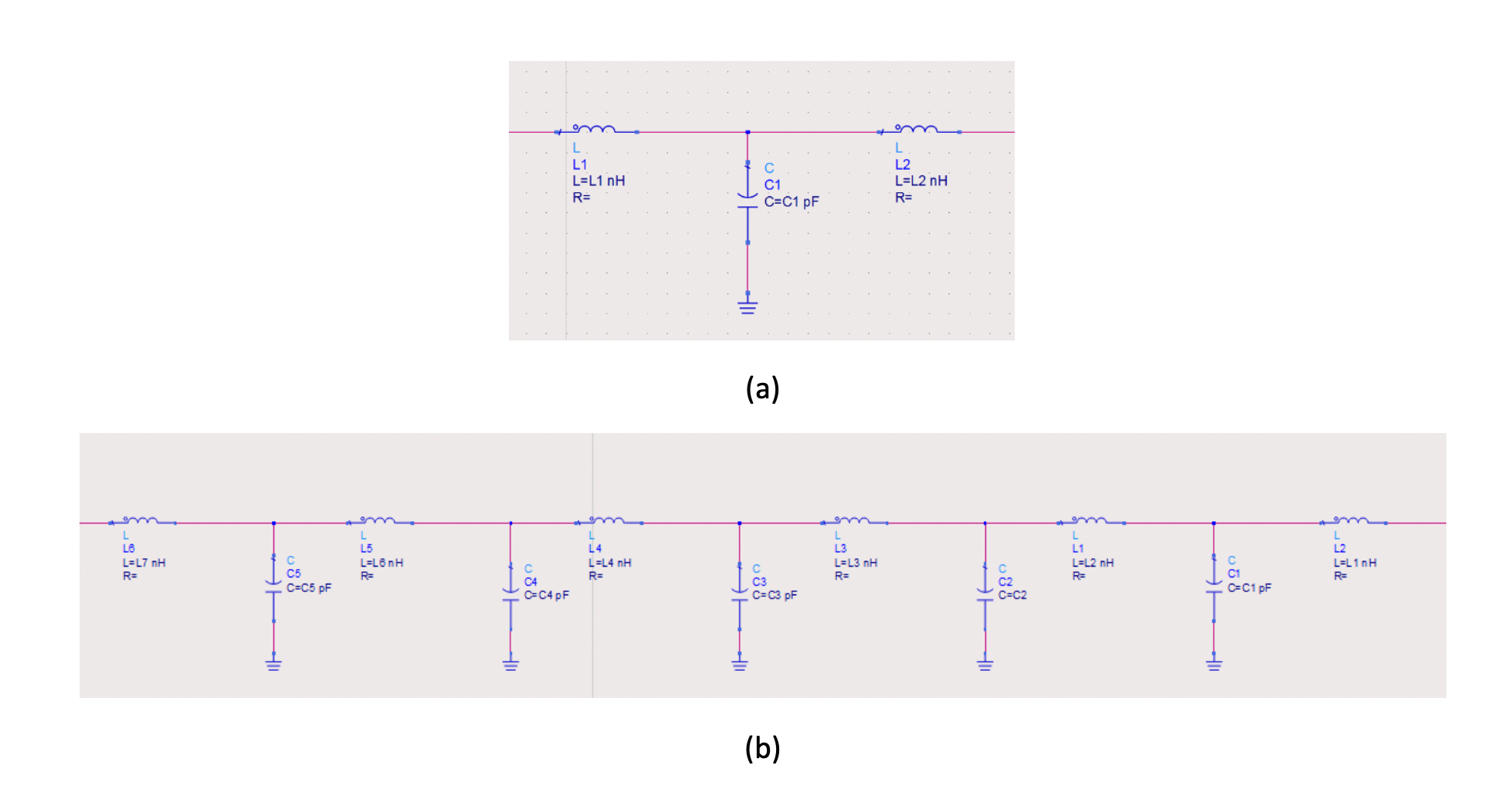 Fig. 3 Lossless matching circuits; (a) 3rd order and (b) 11th order