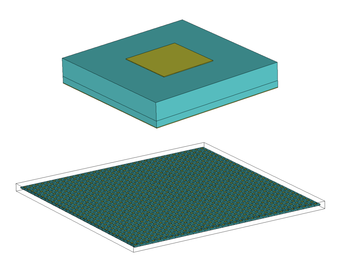 Fig. 1 Double patch antenna (top) and 32x32 antenna array (bottom)