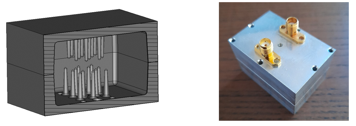 Figure 1: Modelled resonator with a resonant matrix of 5x5 (left) and fabricated resonator (right) 