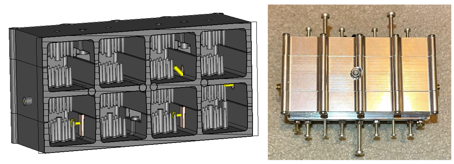 Figure 2: Designed 8-pole 3.5 GHz filter (left) and fabricated filter, top view (right)